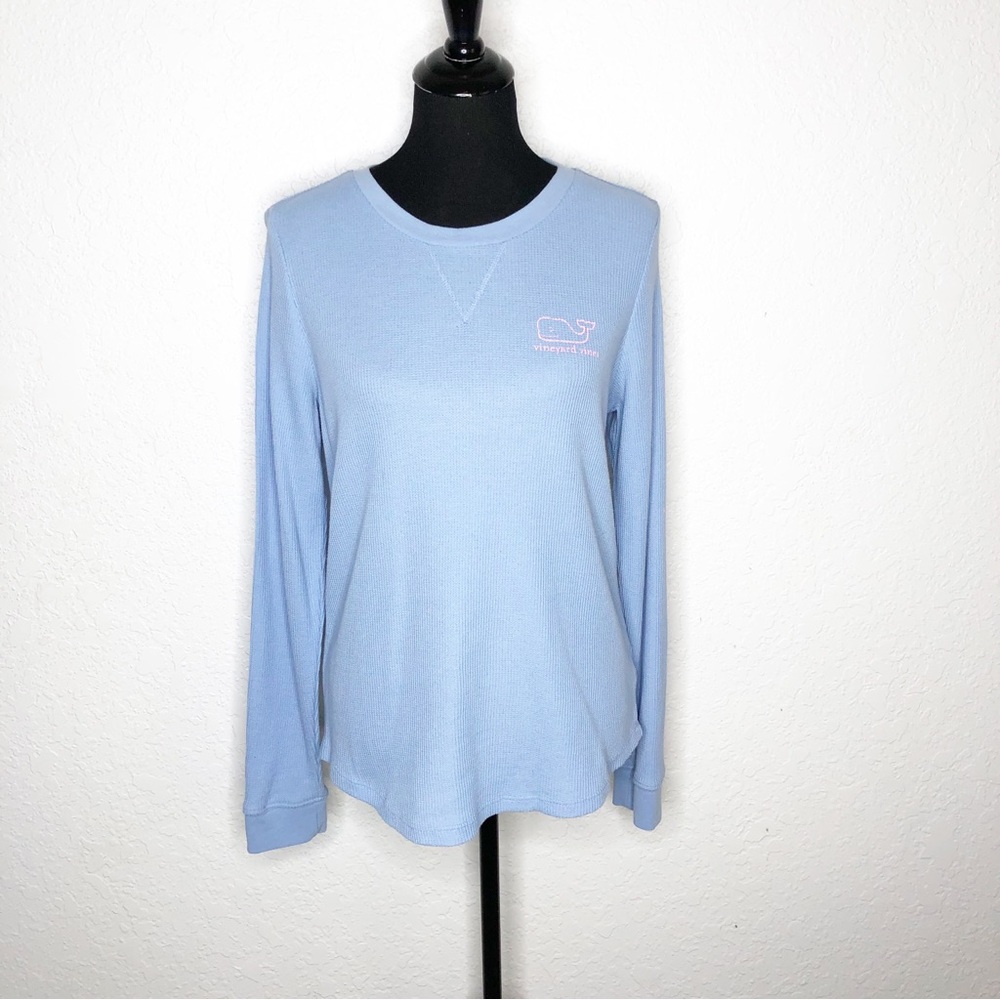 Vineyard Vines blue pink graphic waffle knit thermal long sleeve top size Medium